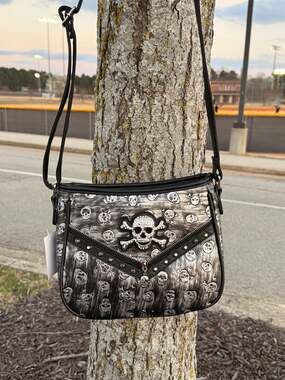 Black and Silver Glam Skull Embossed CC Crossbody Purse with Rhinestones and Stu